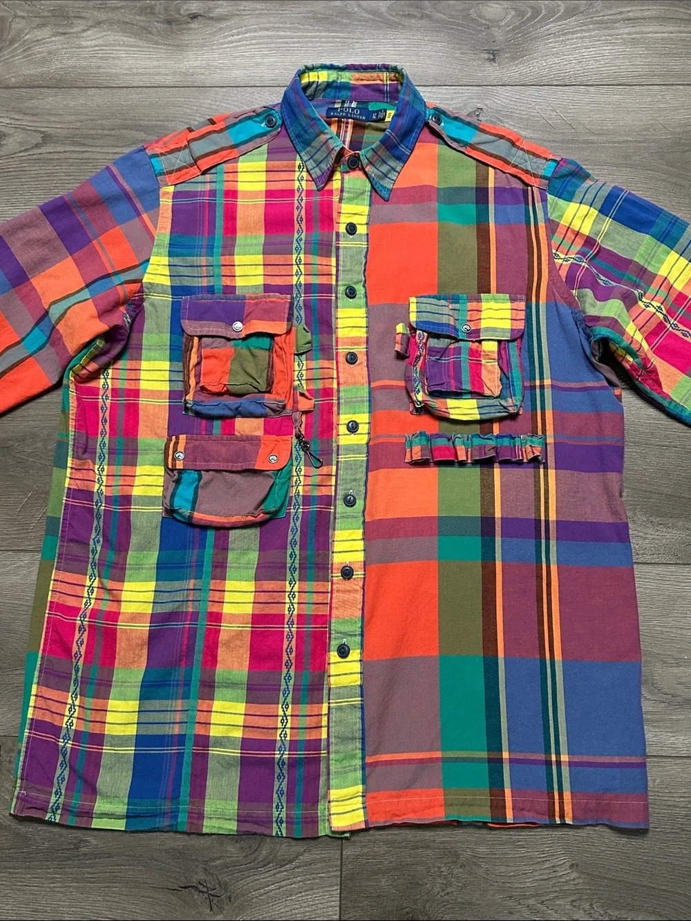 Polo‎ Ralph Lauren Madras Fun Overshirt Utility Patchwork Multi Long Sleeves LT